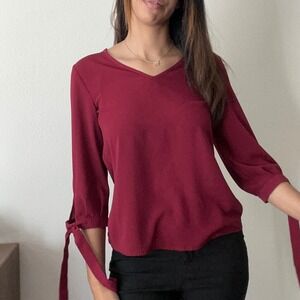 Shein Blouse V-Neck 3/4 Sleeve Tie-Cuff Burgundy Top Size S